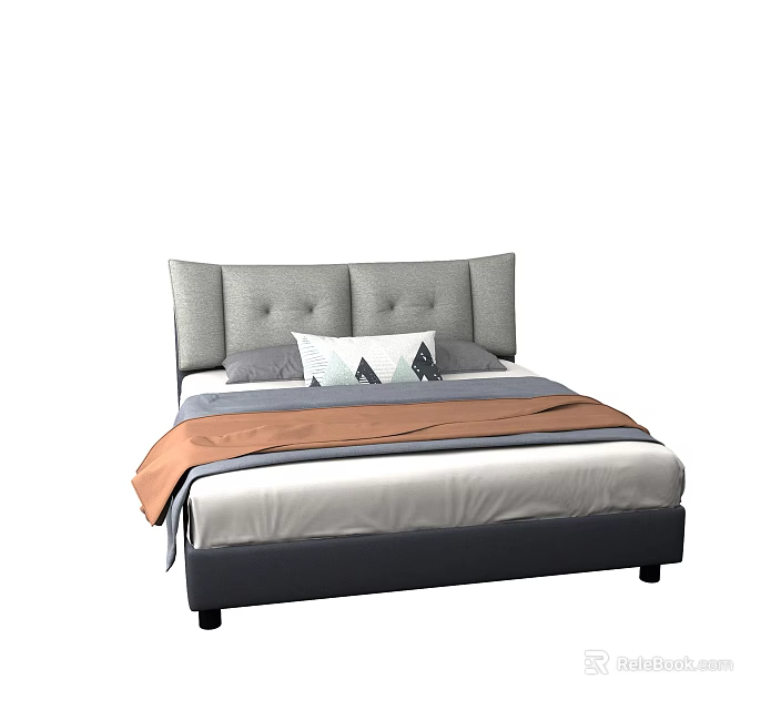 Modern Double Bed With Gray Button Tufted Headboard And Colorful Bedding Pillows 3d model