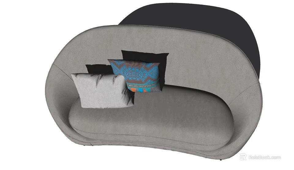 Modern Gray Curved Sofa With Comfortable Seats And Patterned Pillows 3d model