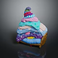 Colorful Stacked Hats With Star Moon Striped Patterns On Wooden Shelf Dark Background