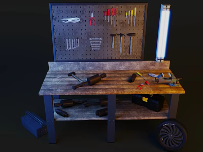 Wooden Tool Workbench With Pegboard Tools Drill Wrench And Toolbox On Wheels 3d model