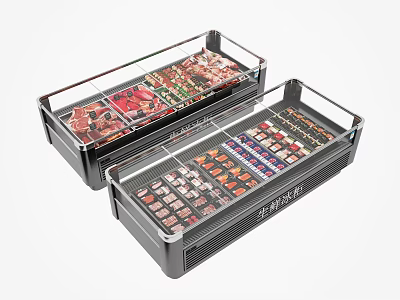 Double Glass Door Display Freezers Showcasing Fresh Meat Seafood And Food Items 3d model