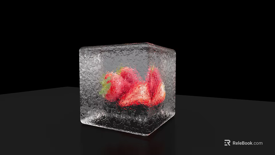Fresh Strawberries Frozen Inside Transparent Ice Cube On Black Surface 3d model