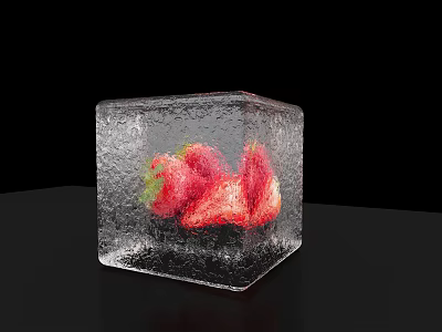 Fresh Strawberries Frozen Inside Transparent Ice Cube On Black Surface 3d model