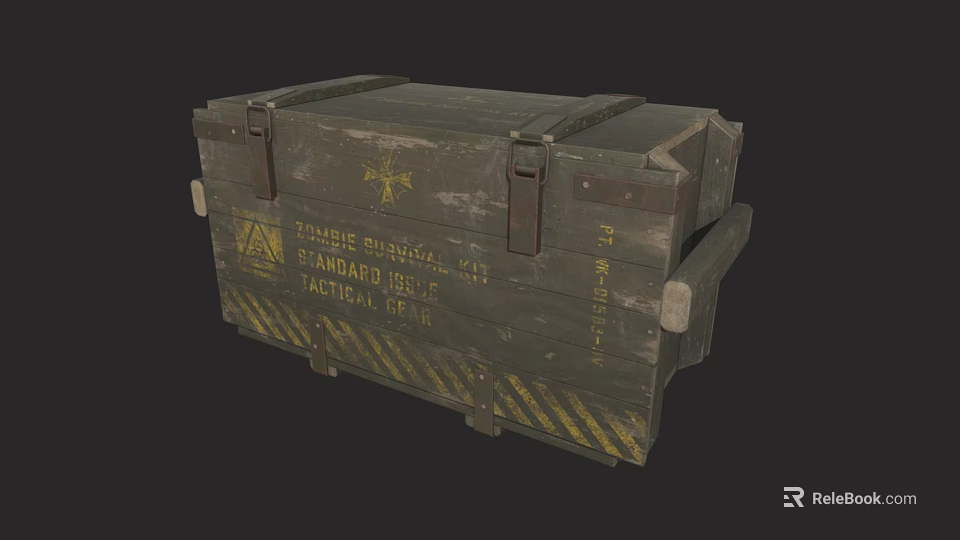 Industrial Storage Wooden Crate With Metal Latches Handles And Yellow Warning Stripes 3d model 