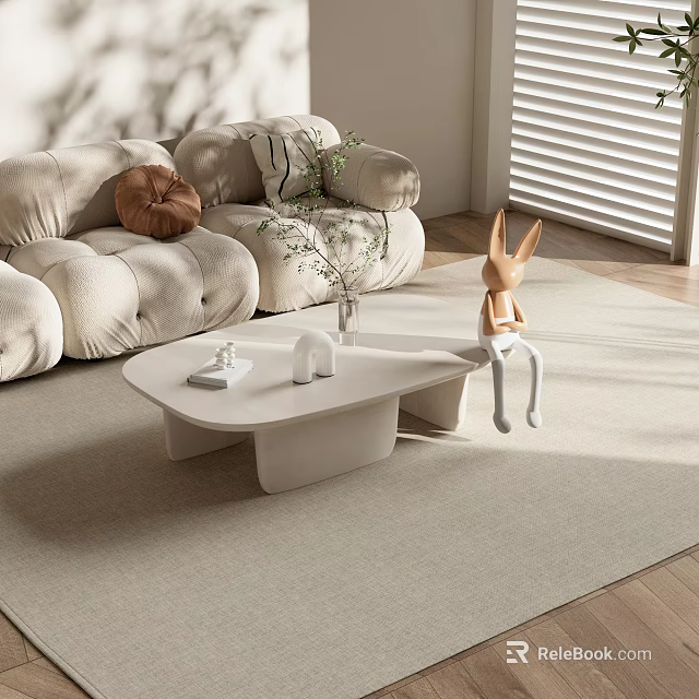 White Coffee Table with Beige Sofa Pillows Rabbit Figurine Vase in Modern Minimalist Living Room 3d model 
