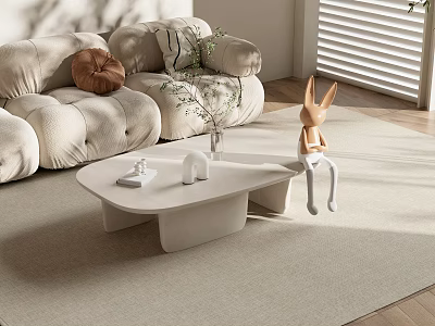 White Coffee Table with Beige Sofa Pillows Rabbit Figurine Vase in Modern Minimalist Living Room 3d model