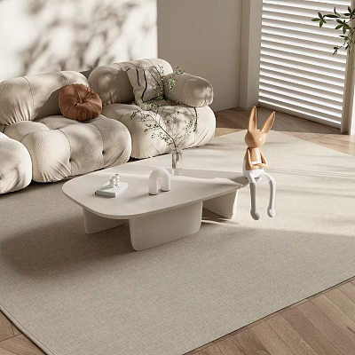 White Coffee Table with Beige Sofa Pillows Rabbit Figurine Vase in Modern Minimalist Living Room 3d model