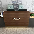 Modern Reception Desk With Marble Countertop And Gold Logo Display On Patterned Wall Panel 3d model