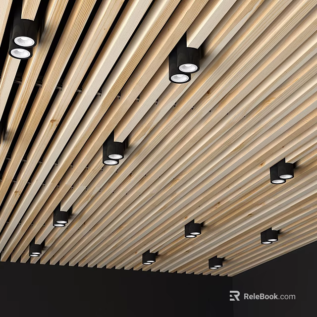 Light Wood Slat Ceiling Design With Black Recessed Lights And Modern Linear Structure 3d model 
