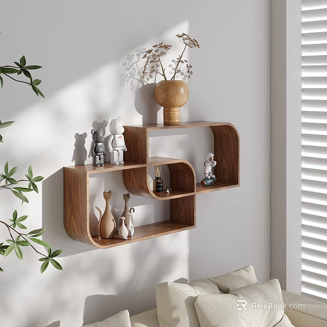 Wooden Wall Cabinets With Decorative Figurines And Small Vase Green Plants On White Wall 3d model 