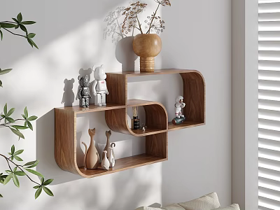 Wooden Wall Cabinets With Decorative Figurines And Small Vase Green Plants On White Wall 3d model
