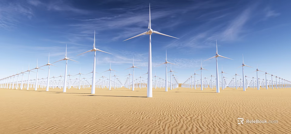 Wind Turbines Standing In Desert Landscape Under Blue Sky For Renewable Energy 3d model 