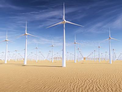 Wind Turbines Standing In Desert Landscape Under Blue Sky For Renewable Energy 3d model