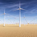 Wind Turbines Standing In Desert Landscape Under Blue Sky For Renewable Energy