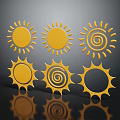 Six Golden Sun Decorative Patterns On Dark Background With Reflections