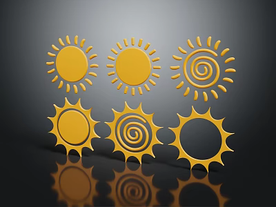 Six Golden Sun Decorative Patterns On Dark Background With Reflections 3d model