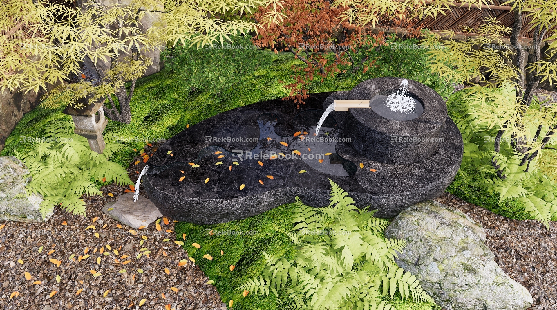 Courtyard landscape sketch flowing water stone red maple fern tree plant landscaping modern waterscape sketch landscape setting stone zen stone stone falling water model