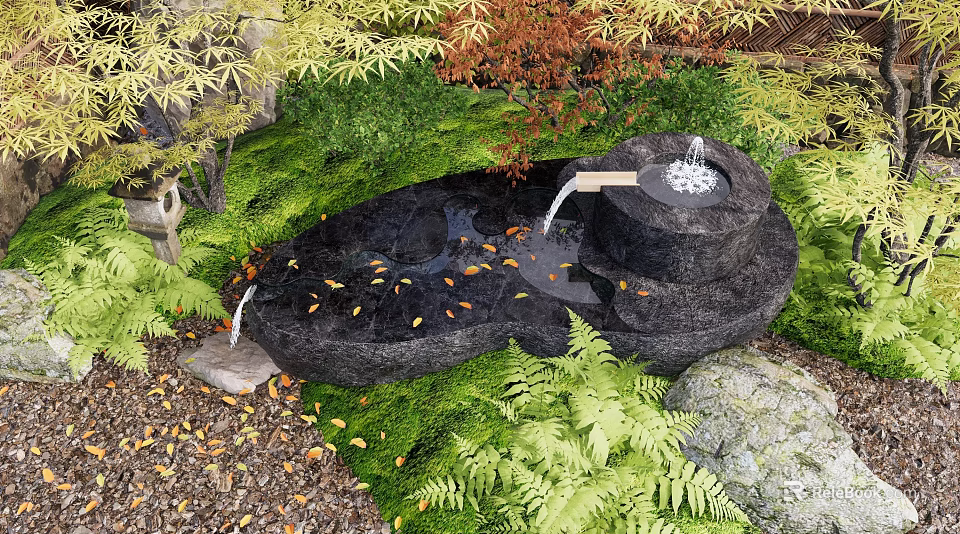 Tranquil Courtyard Garden With Stone Water Feature Flowing Water Ferns And Fallen Leaves 3d model 