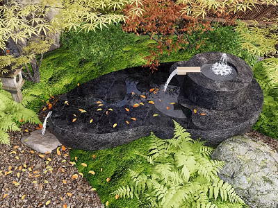 Tranquil Courtyard Garden With Stone Water Feature Flowing Water Ferns And Fallen Leaves 3d model