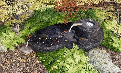 Courtyard landscape sketch flowing water stone red maple fern tree plant landscaping modern waterscape sketch landscape setting stone zen stone falling water 3d model