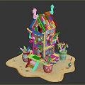 Cartoon Scene Small House With Red Roof Blue Walls Wooden Staircase And Potted Plants