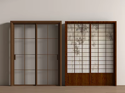 Sliding Doors With Wooden Frame Glass Grids And Tree Branch Patterns 3d model