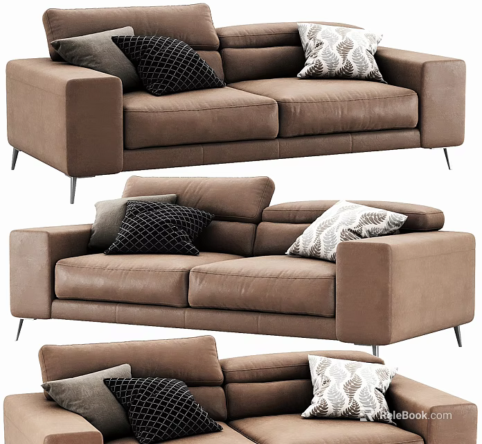 Modern Brown Leather Two Seater Sofa With Black Gray And Patterned Pillows 3d model