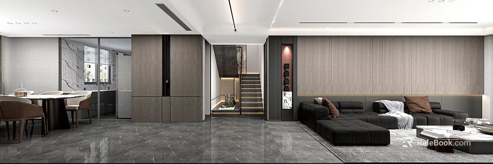 Modern Living Dining Room Interior With Sofa Dining Table Wall Decor and Storage Cabinets 3d model