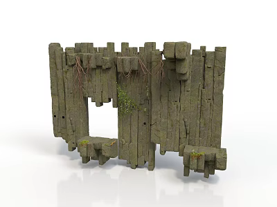 Modern Stone Wall Design With Wooden Planks Moss And Vines Decorative Elements 3d model