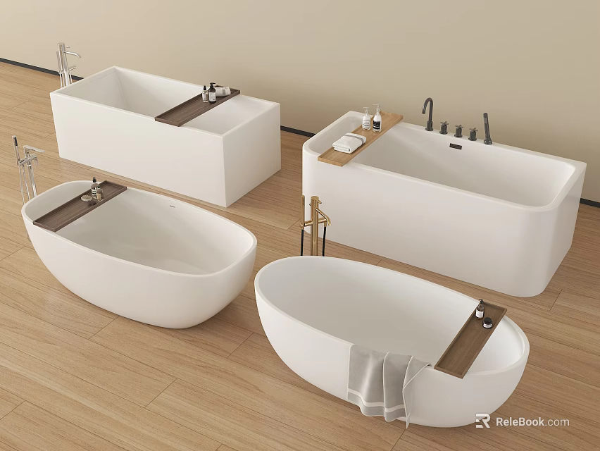 Modern White Bathtubs in Various Shapes with Wooden Shelves Faucets and Towels 3d model 