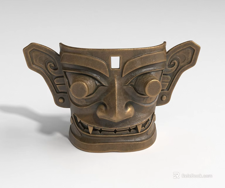 Traditional Bronze Mask Landscape Sculpture With Exaggerated Eyes Ears And Teeth 3d model 