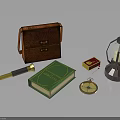 Vintage Adventure Items Including Leather Bag Green Book Compass Lantern Telescope And Box