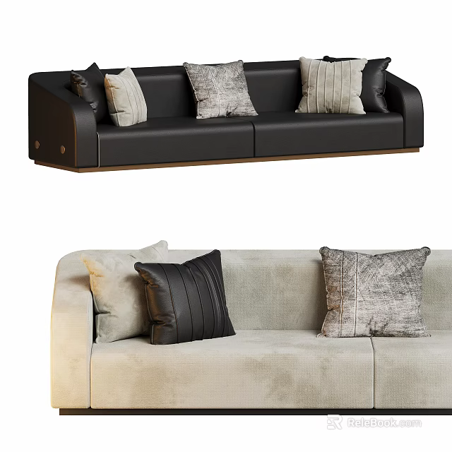 Modern Three Seater Sofa Designs in Black and Beige with Stylish Decorative Pillows 3d model 