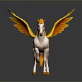 White Pegasus Figure With Orange Yellow Wings Tail And Hooves On Dark Background
