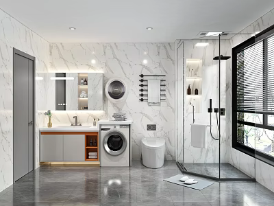 Modern Bathroom Interior With Marble Walls Glass Shower Washing Machine And Toilet 3d model
