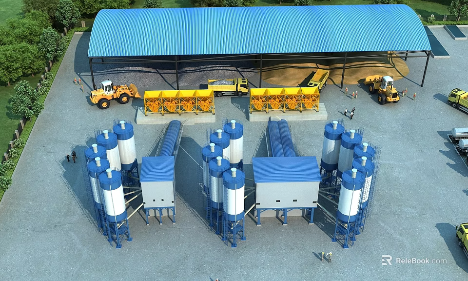 Industrial Factory Featuring Blue Roof Yellow Equipment Orange Construction Vehicles And White Blue Storage Silos 3d model 