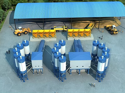 Industrial Factory Featuring Blue Roof Yellow Equipment Orange Construction Vehicles And White Blue Storage Silos 3d model