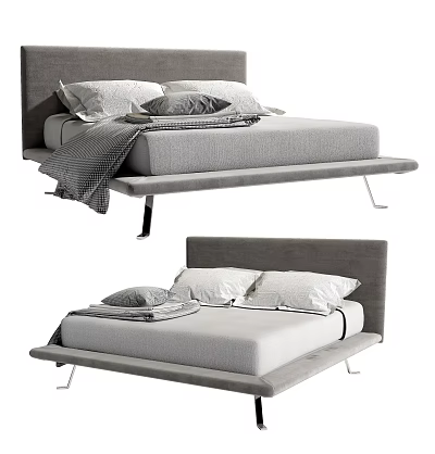 Modern Double Bed With Platform Design Upholstered Headboard Plush Pillows And Cozy Blanket 3d model