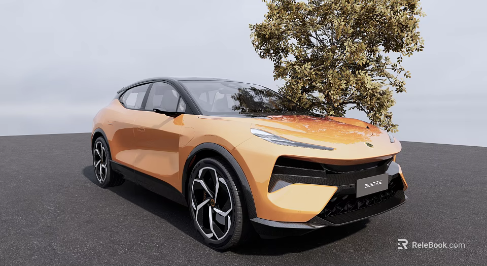 Orange SUV Car With Modern Sleek Exterior Stylish Wheels Near Green Tree Gray Sky Background 3d model 