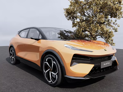 Orange SUV Car With Modern Sleek Exterior Stylish Wheels Near Green Tree Gray Sky Background 3d model