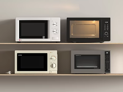 Modern Kitchen Appliances Featuring Various Microwave Oven Designs On Shelves 3d model