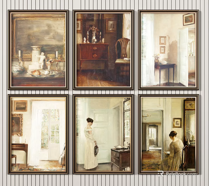 Vintage Figurative Paintings Depicting Interior Scenes With Standing Seated Figures And Antique Furniture 3d model 