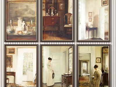 Vintage Figurative Paintings Depicting Interior Scenes With Standing Seated Figures And Antique Furniture 3d model