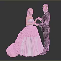 Woman In Pink White Dress With Large Train Holding Hands With Man In Suit