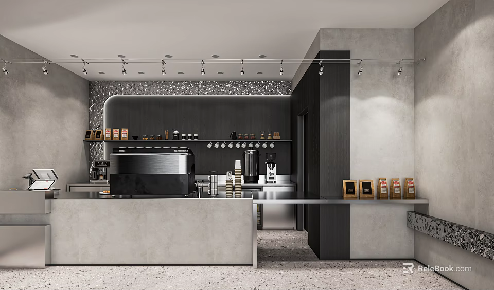 Modern Milk Tea Shop Interior With Open Bar Counter Coffee Machine And Ingredient Shelves 3d model 