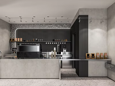 Modern Milk Tea Shop Interior With Open Bar Counter Coffee Machine And Ingredient Shelves 3d model