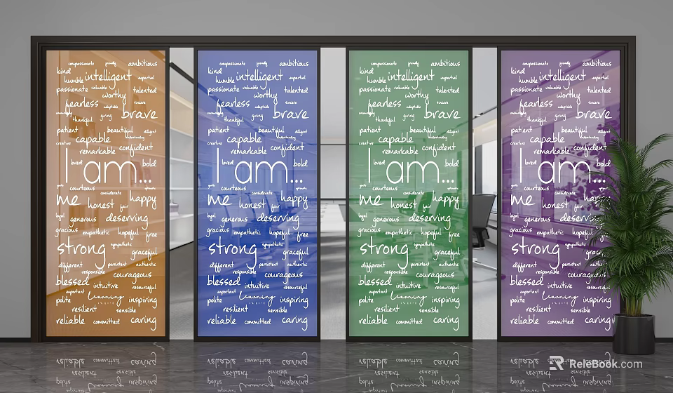 Colorful Glass Partition With Inspiring Words For Modern Office Interior Design 3d model 