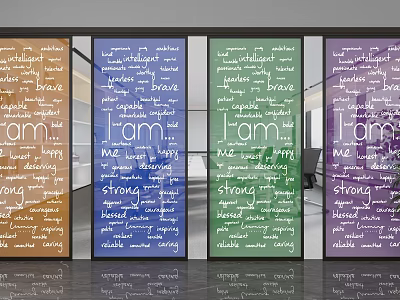 Colorful Glass Partition With Inspiring Words For Modern Office Interior Design 3d model