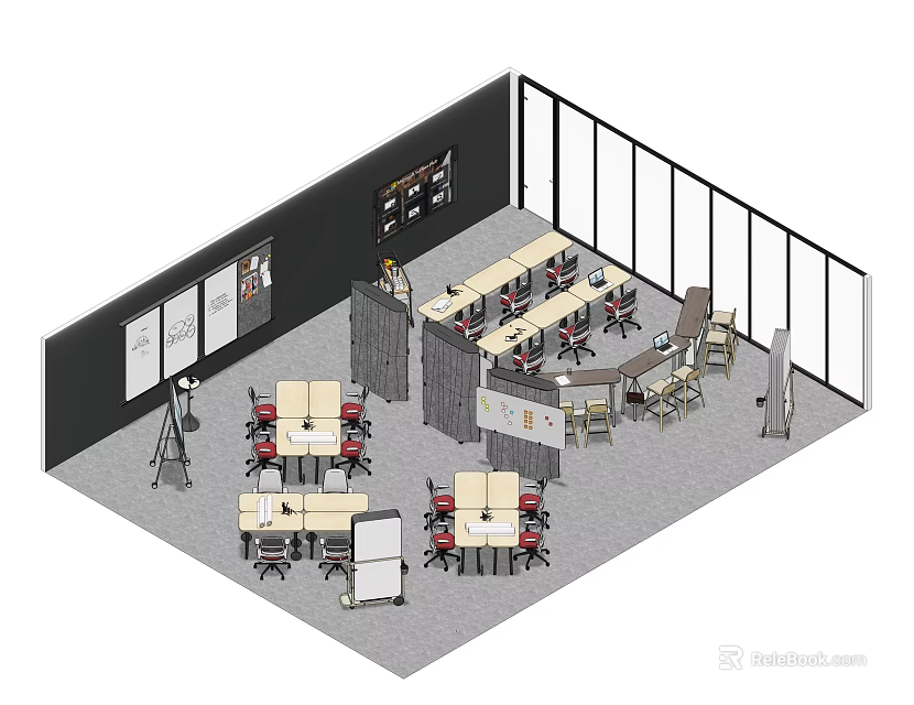 Public Office Space Interior With Multiple Desks Chairs Dividers And Large Windows 3d model 