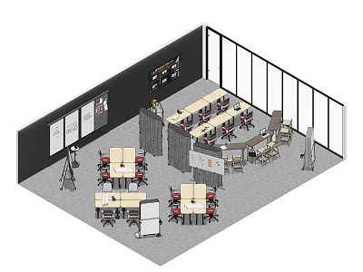 Public Office Space Interior With Multiple Desks Chairs Dividers And Large Windows 3d model